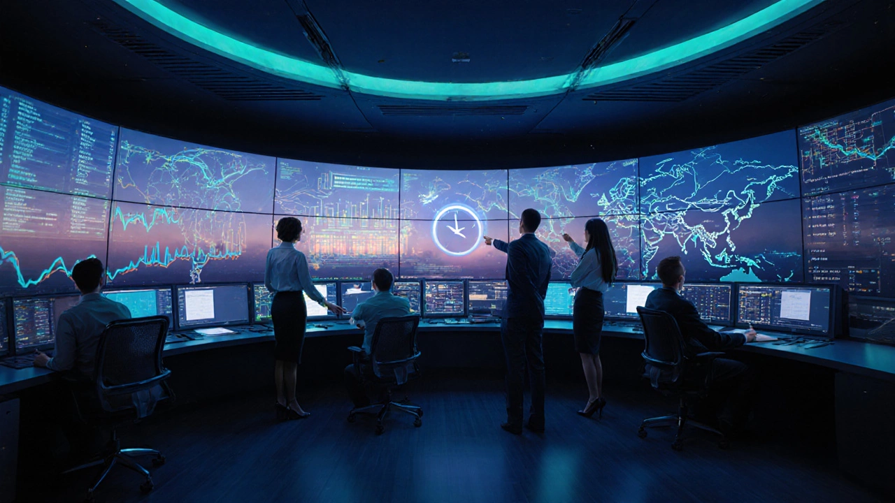 Airline revenue‑management team monitoring live price and seat data on glowing screens.