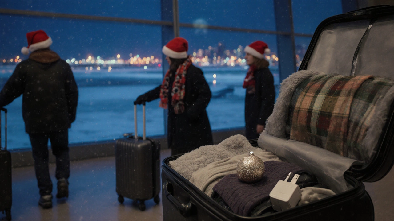 Airport departure hall at night with travelers carrying suitcases and festive accessories.