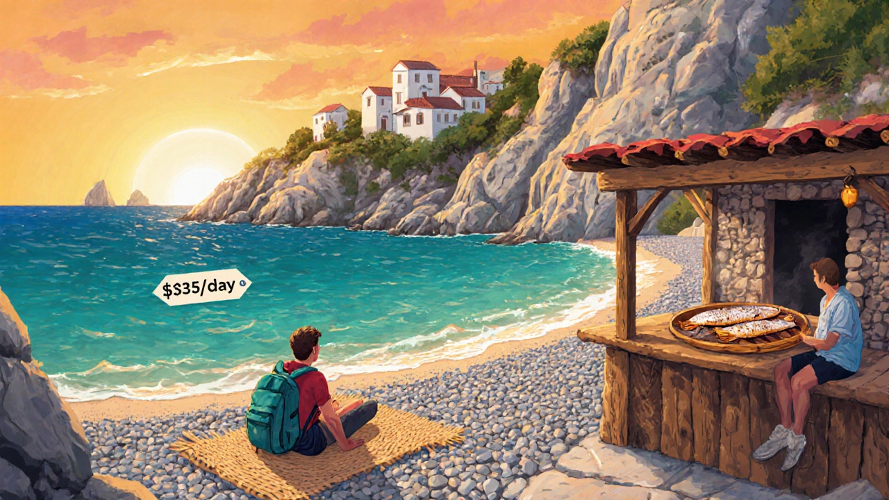 Backpacker enjoying a quiet beach in Dhërmi with traditional tavern and affordable price hint.