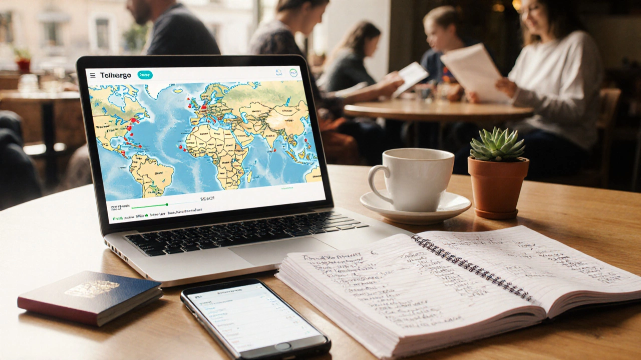 Cafe table layout of laptop map, itinerary notebook, budget sheet, passport, and coffee for trip planning.