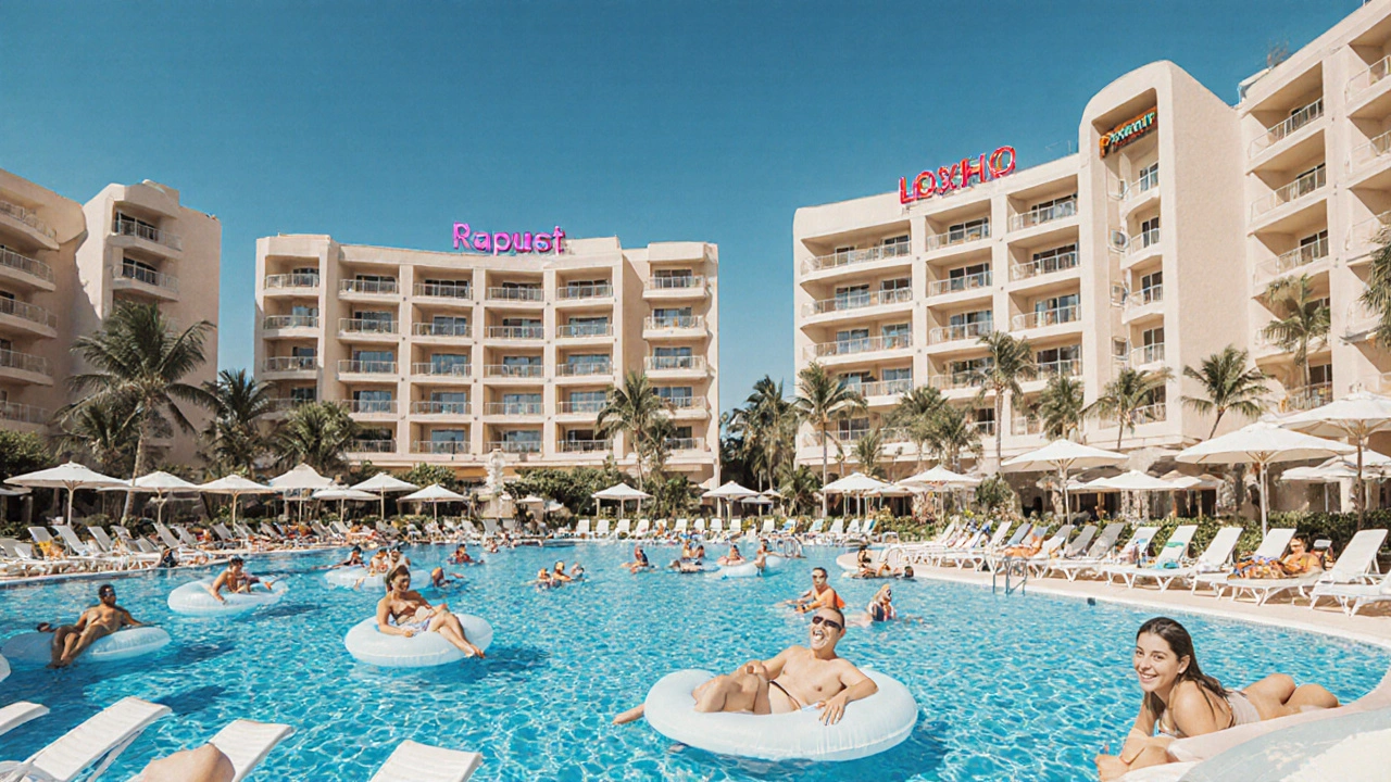 Close‑up of a busy all‑inclusive resort pool filled with tourists and hotels.