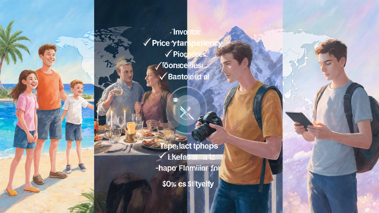 Collage of family, couple, backpacker, and tech traveler planning all‑inclusive trips.