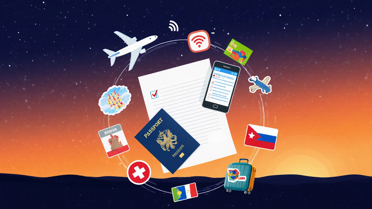Collage of passport, phone alert, and travel icons representing a cheap trip checklist.