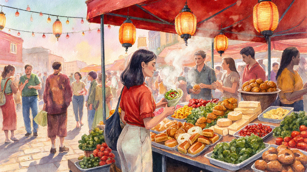 Colorful market stall with traveler enjoying fresh street food.