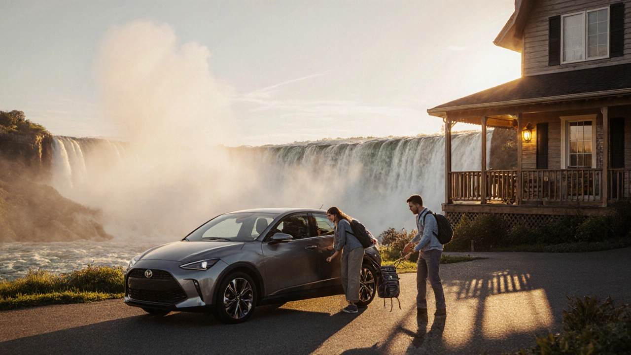 Couple arrives by car at Niagara Falls for a weekend trip.