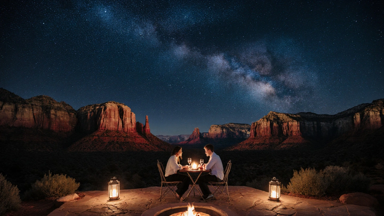 Couple dining on a terrace under Sedona&#039;s red rocks and starry night sky.