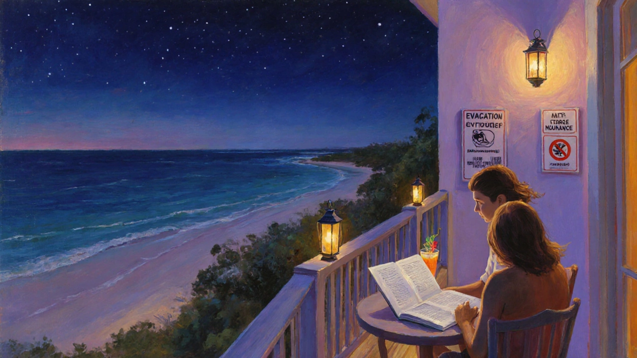 Couple relaxes on a resort balcony with insurance booklet, overlooking a calm beach at dusk.