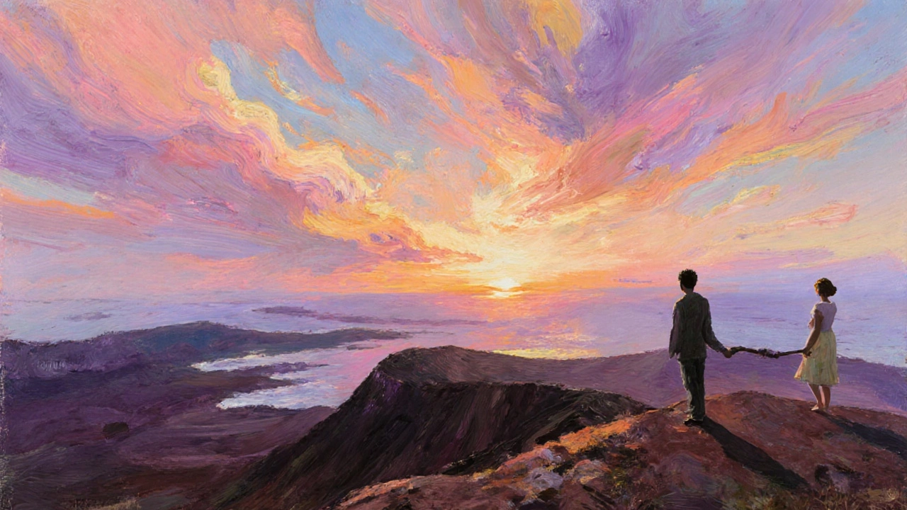 Couple watching a pastel sunrise over Maui&#039;s volcanic crater.