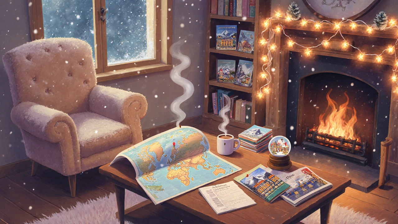 Cozy room with fireplace, travel map, hot chocolate, and snow globe ready for holiday planning.
