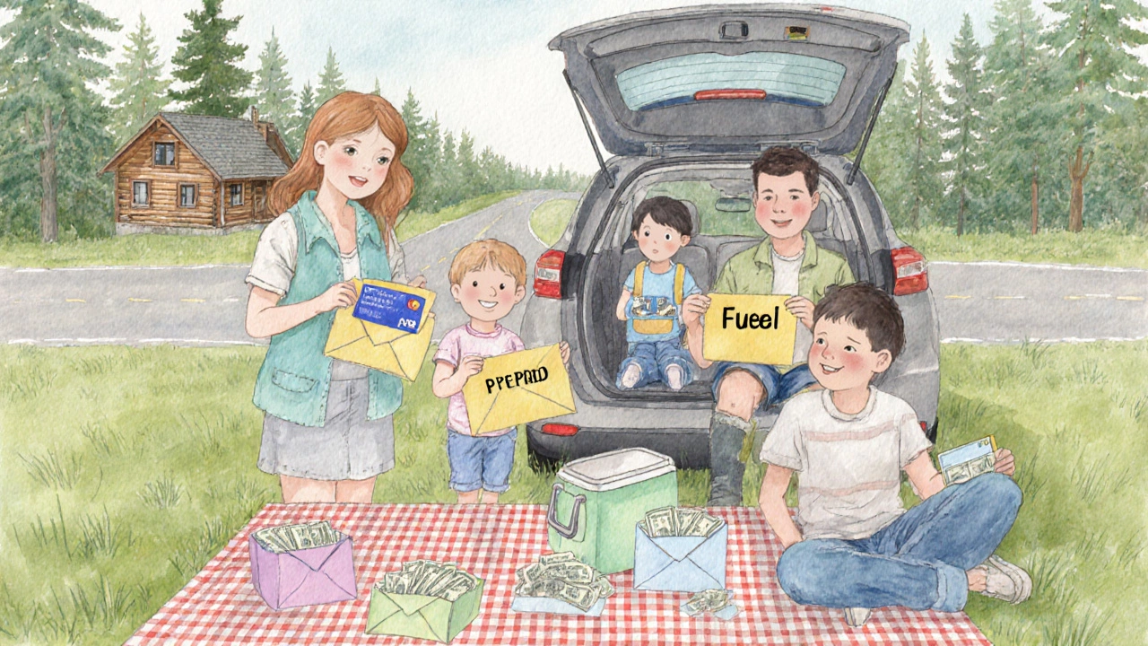 Family loading a car for a road trip, showing cash envelopes and a prepaid travel card.