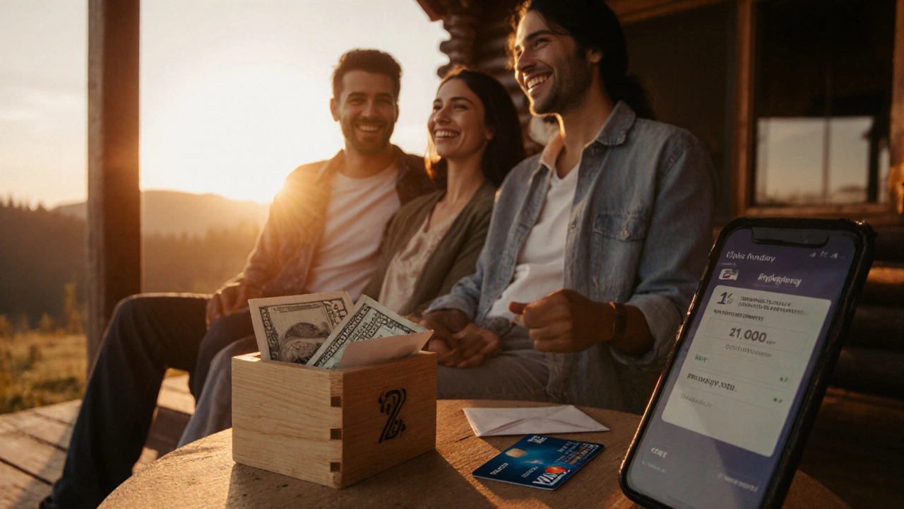 Family on cabin porch at sunset with leftover travel cash and prepaid card, feeling satisfied.