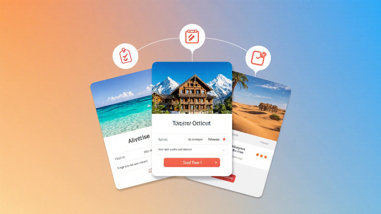 Flat‑design cards showing different resorts with price, cancellation, and rating icons.