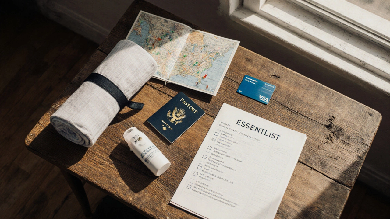 Flat lay of travel checklist items on a wooden table.