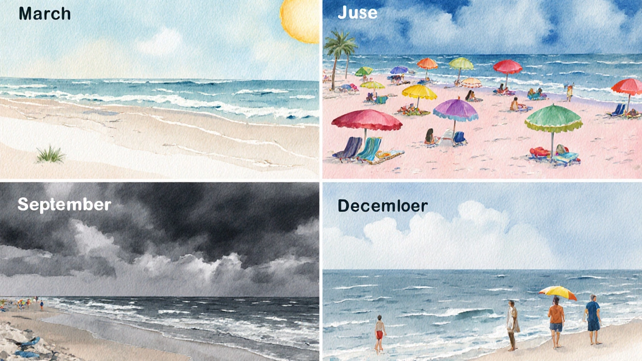 Four beach scenes showing March sun, June heat, September rain, and December calm.