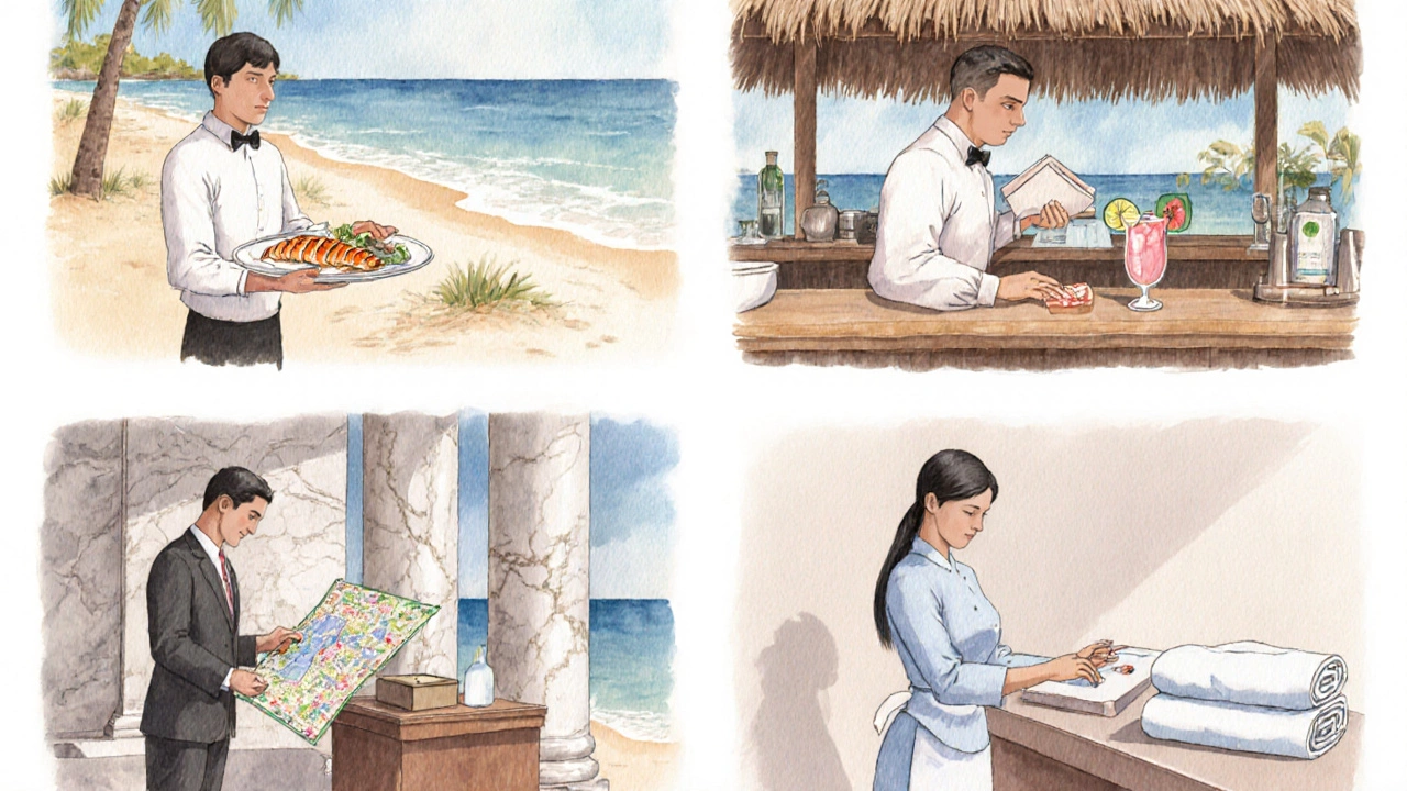 Four service scenes showing waitstaff, bartender, concierge, and spa attendant with tip envelopes.