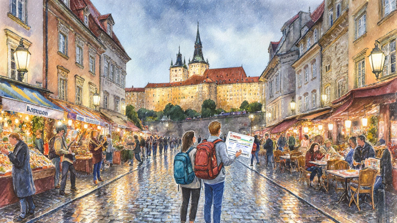 Friends with backpacks visiting illuminated Wawel Castle in Kraków's Old Town.