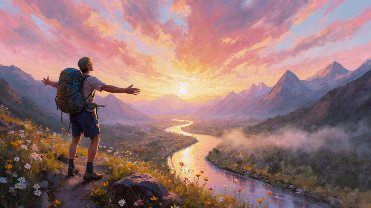 Hiker on sunrise ridge overlooking a vibrant valley, symbolizing relaxation after a week-long vacation.