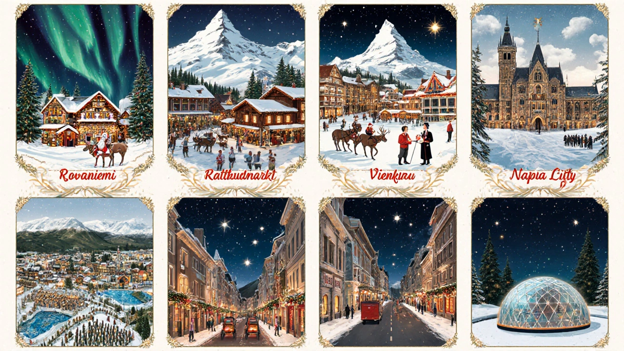 Illustrated collage of eight Christmas destinations with iconic landmarks and festive lights.