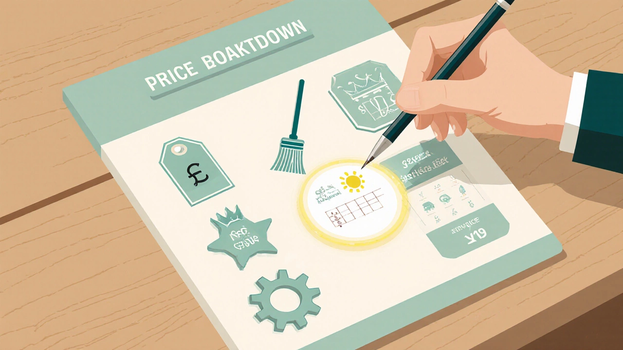 Illustrated price breakdown board with icons for fees and taxes.