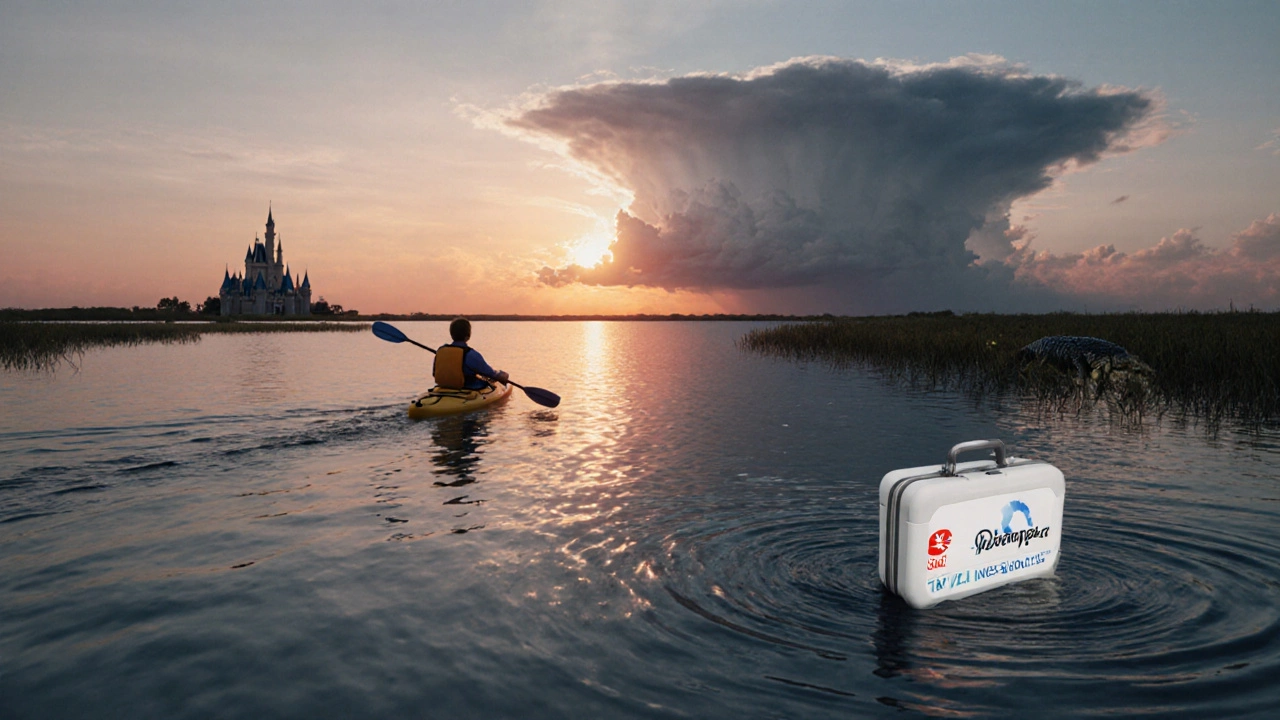 Kayaker on Gulf waters at dawn with distant storm clouds and hints of wildlife and a castle silhouette.