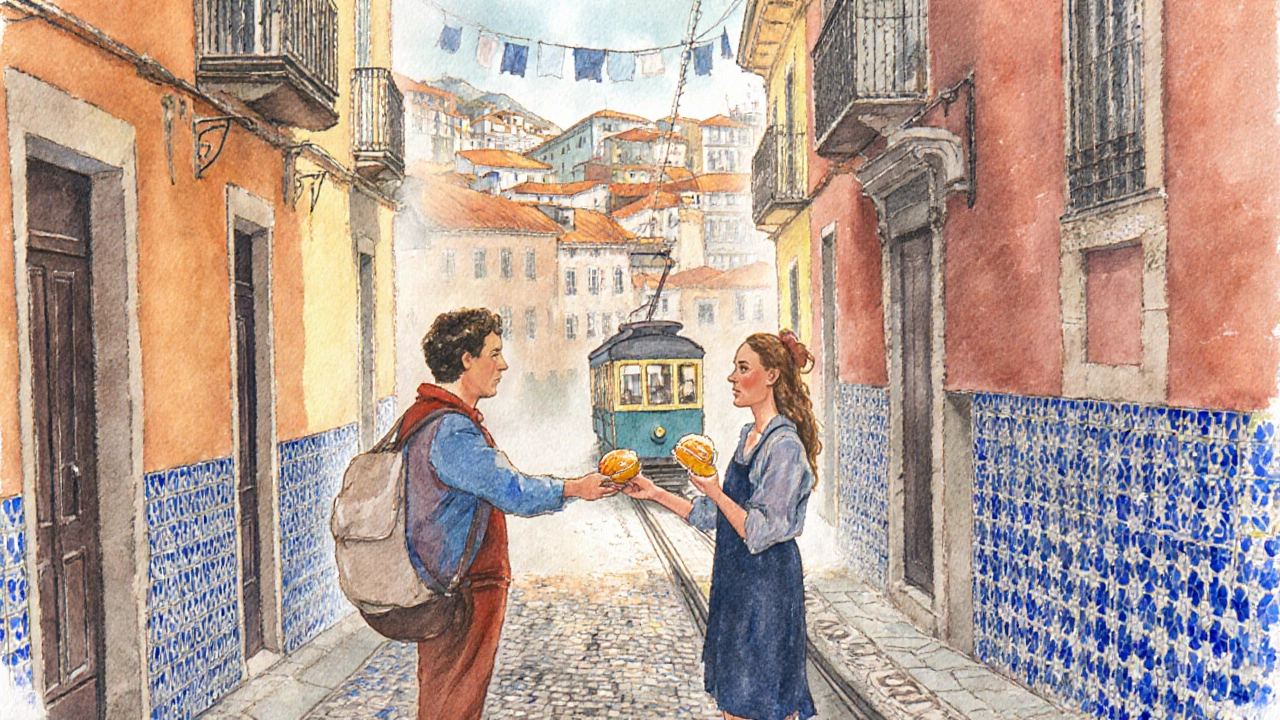 Lisbon's Alfama district with azulejo tiles and street vendor serving pastel de nata.