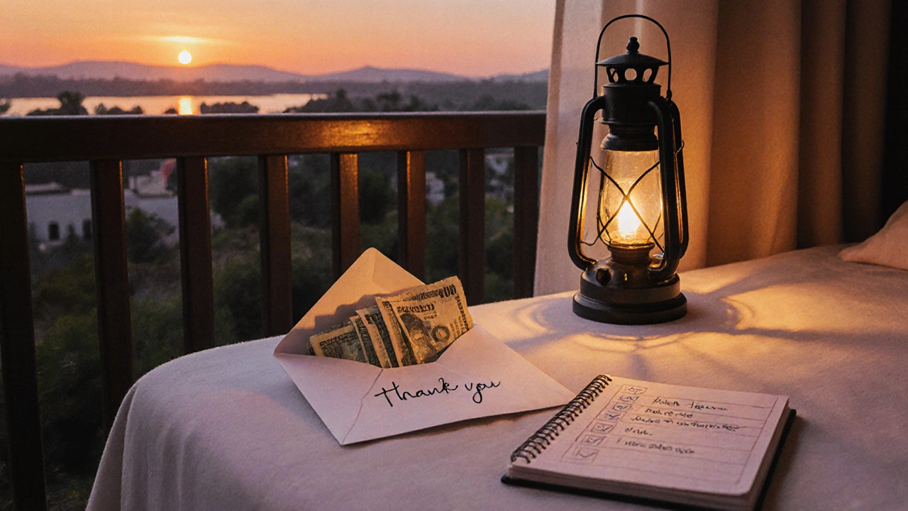 Nighttime balcony table with a thank‑you note, tip envelope, and checklist beside a lantern.