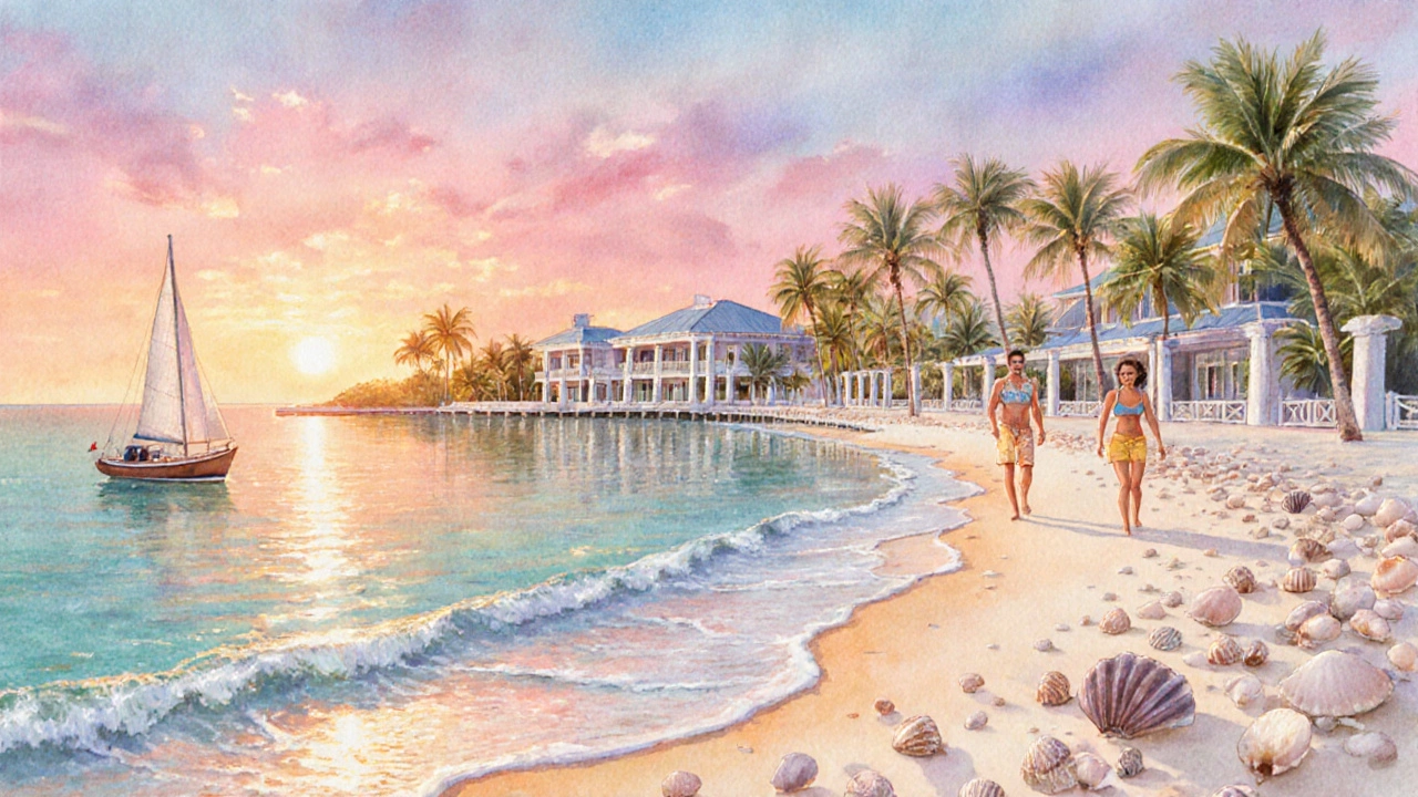 Peaceful Bahamian sunrise beach with pastel sky, calm water and happy travelers.