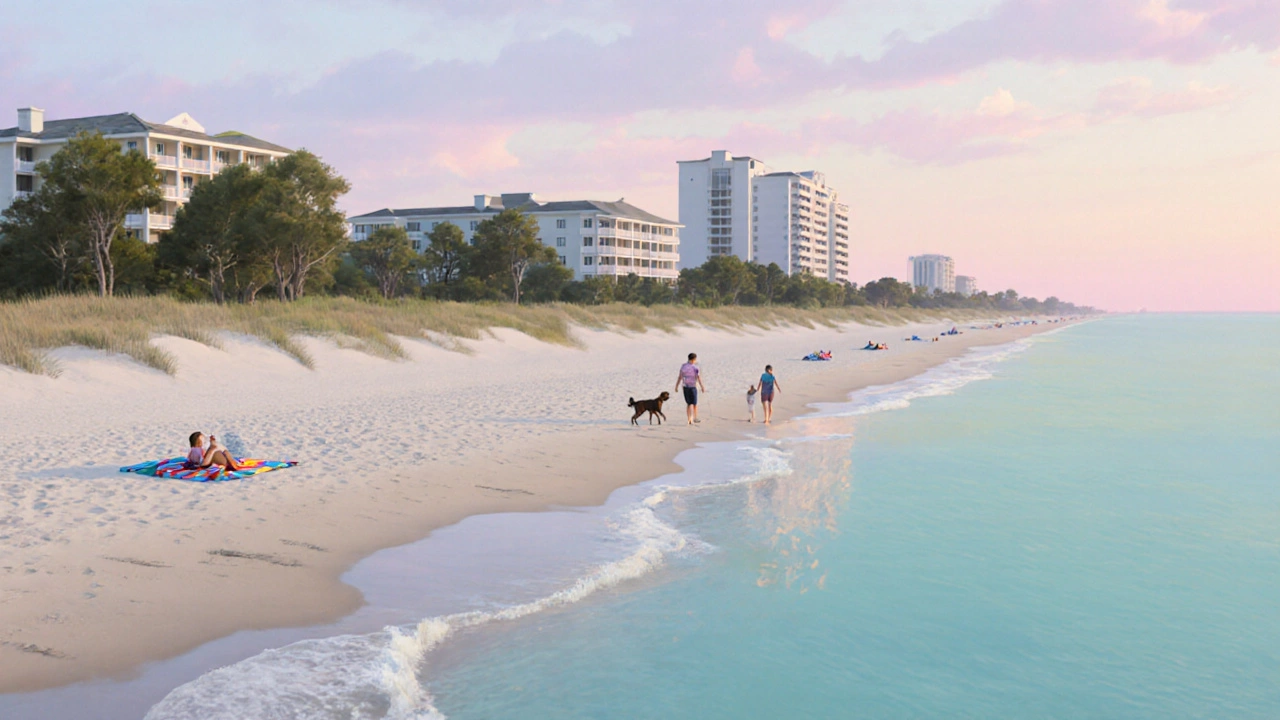 Peaceful dawn at North Myrtle Beach with empty shore and low-rise condos.