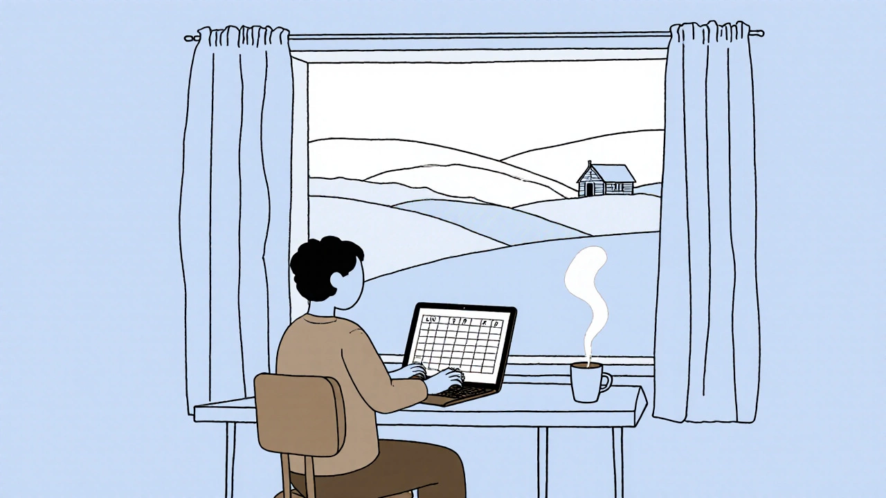 Person plans a short getaway while looking out at countryside hills.