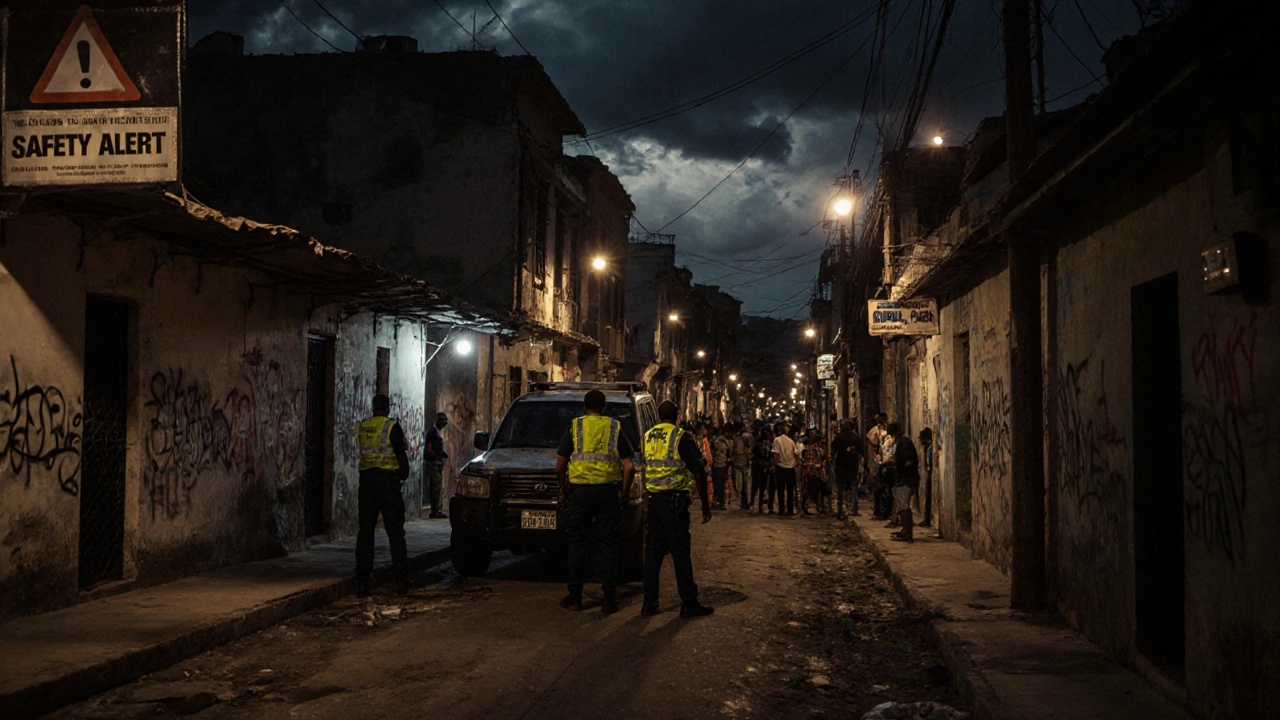 Port-au-Prince street at dusk showing police checkpoint, restless crowd and looming storm clouds.