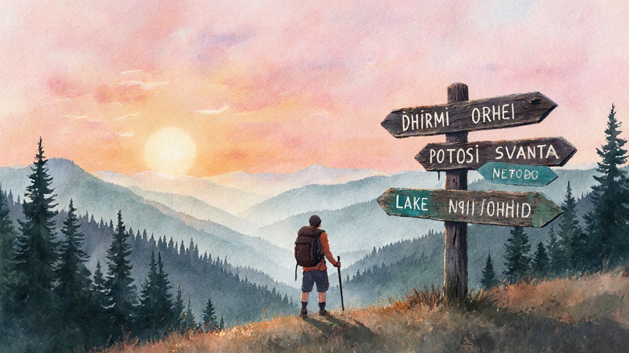 Silhouette of traveler on hill at sunrise looking toward signpost pointing to five secret spots.