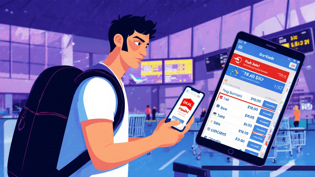 Solo traveler receiving a flash‑sale alert on phone while in an airport lounge.