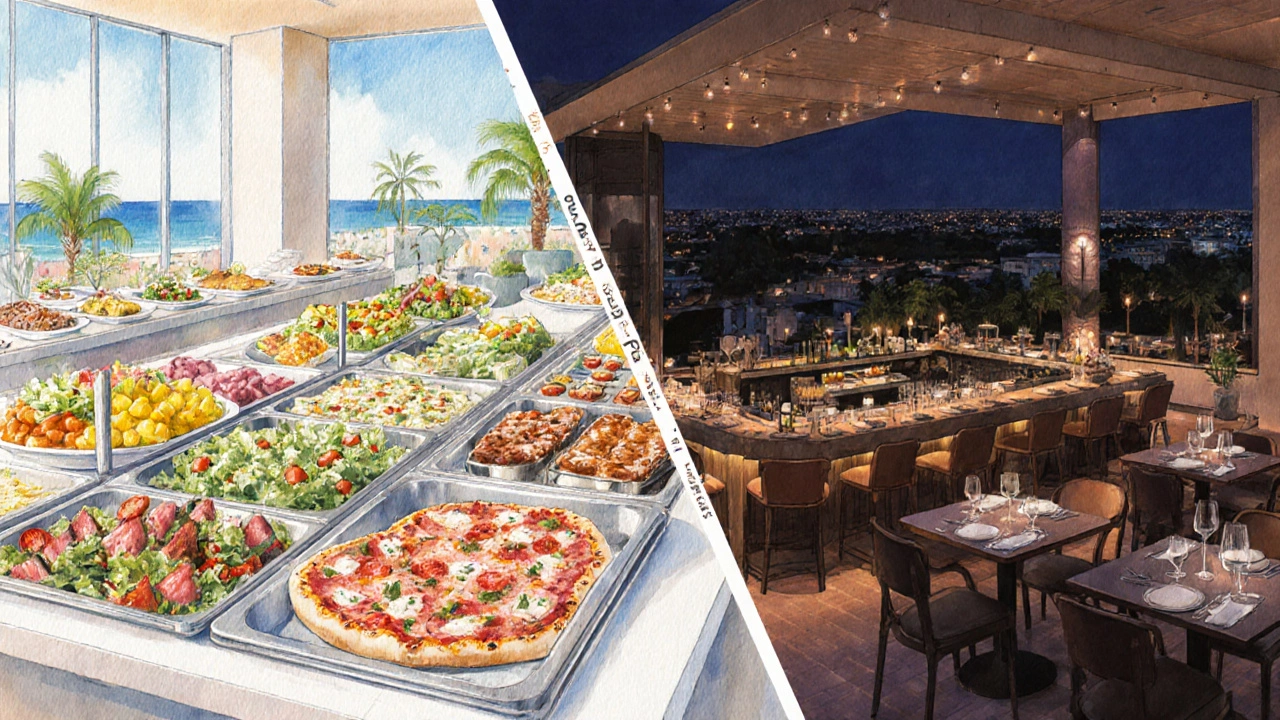 Split view of a standard buffet on one side and a premium specialty restaurant on the other, highlighting two dining tiers.