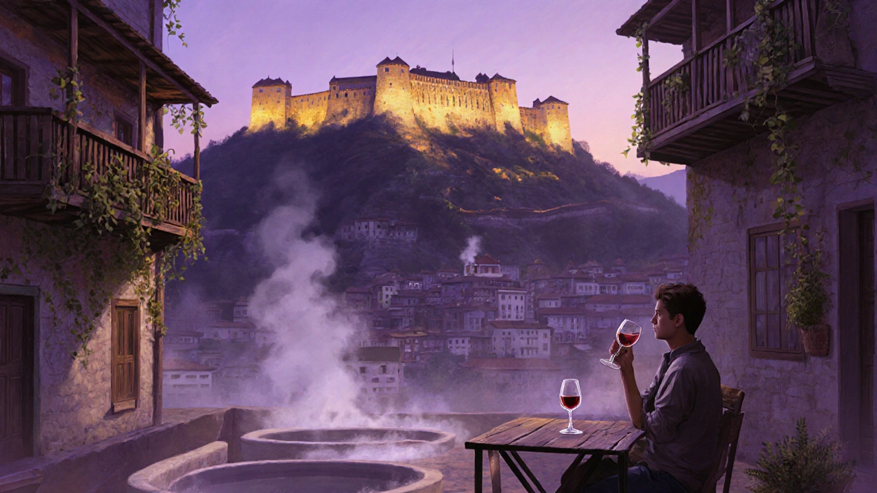 Tbilisi Old Town at twilight with wooden balconies, wine cafe, and Narikala Fortress lit up.
