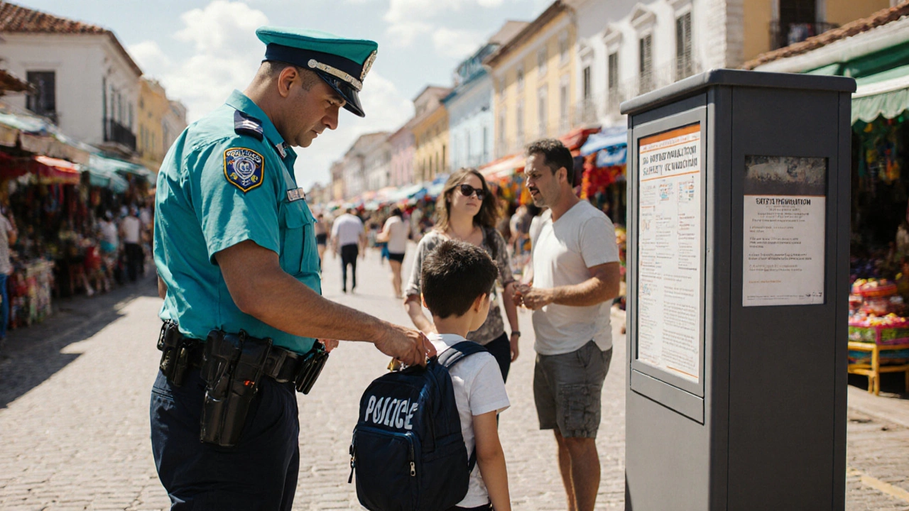 Tourist police officer assists a family on a busy Caribbean market promenade.