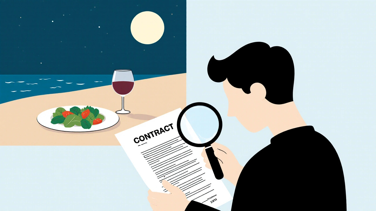 Traveler reviewing a resort contract while a calm beach dinner scene fades behind, symbolizing no extra dinner charges.