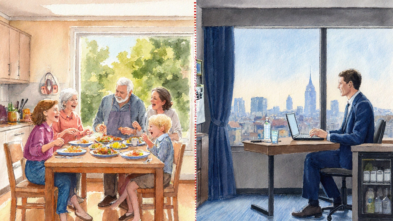 Watercolor of a family cooking in an Airbnb and a business traveler in a hotel.
