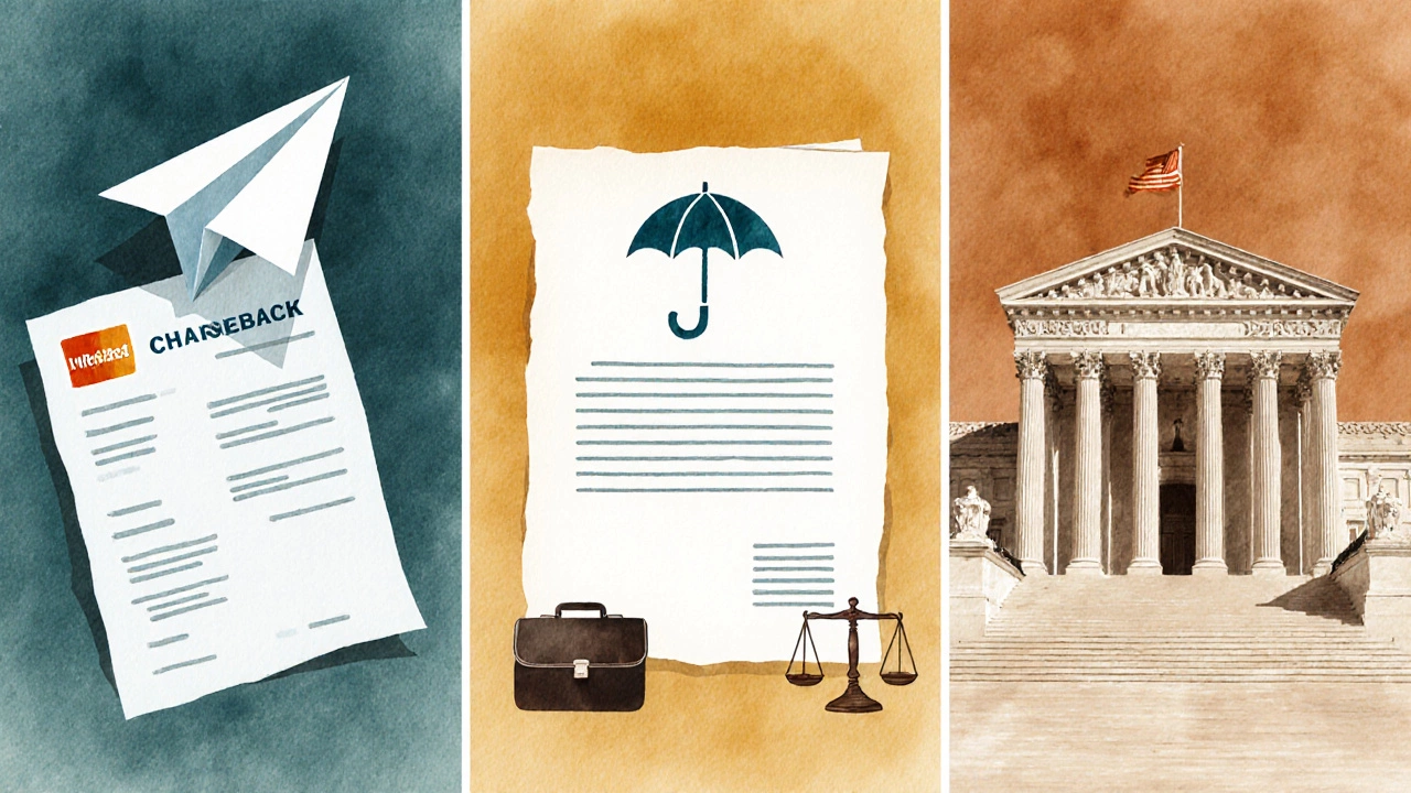 Watercolor split scene of credit‑card chargeback, insurance policy, and courthouse steps.