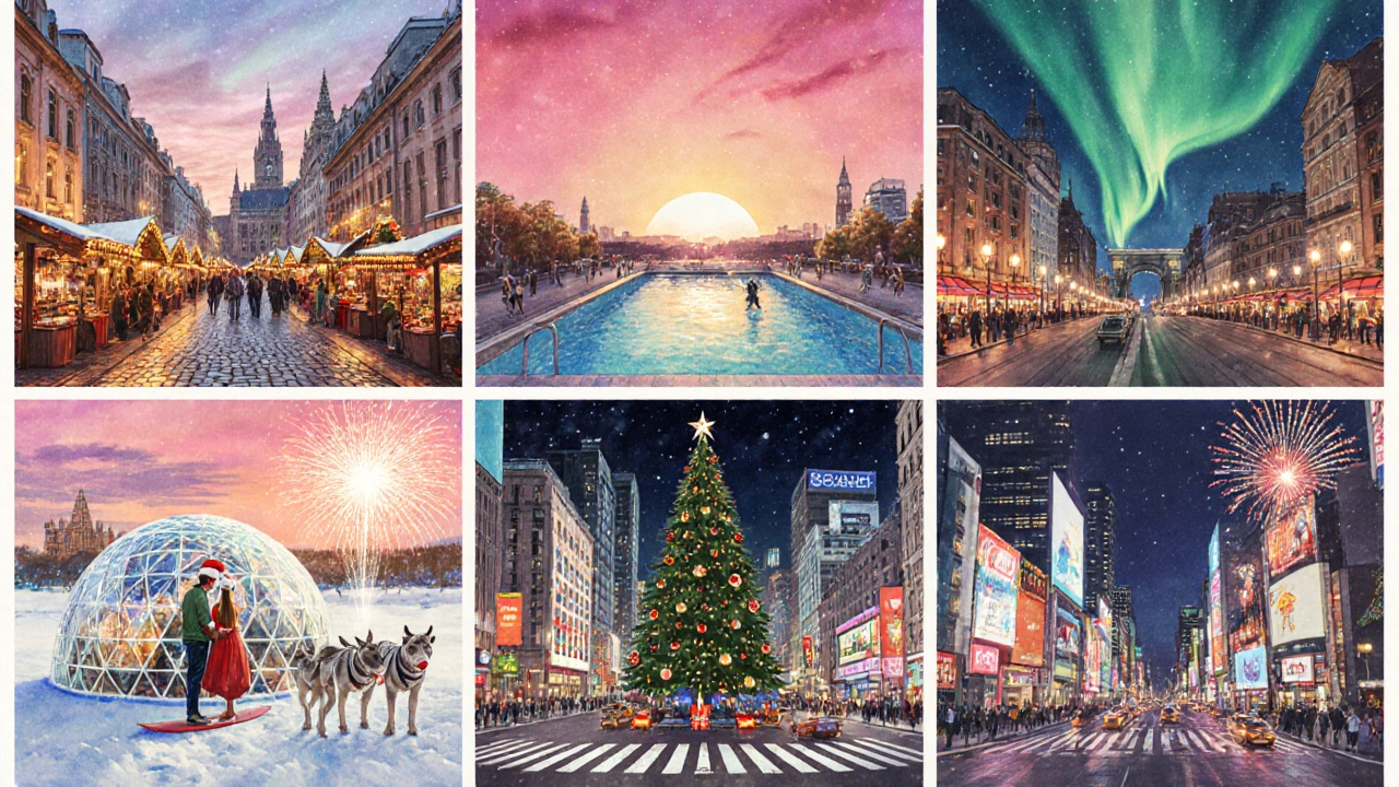 Watercolor travel poster showing seven Christmas destinations with festive scenes.