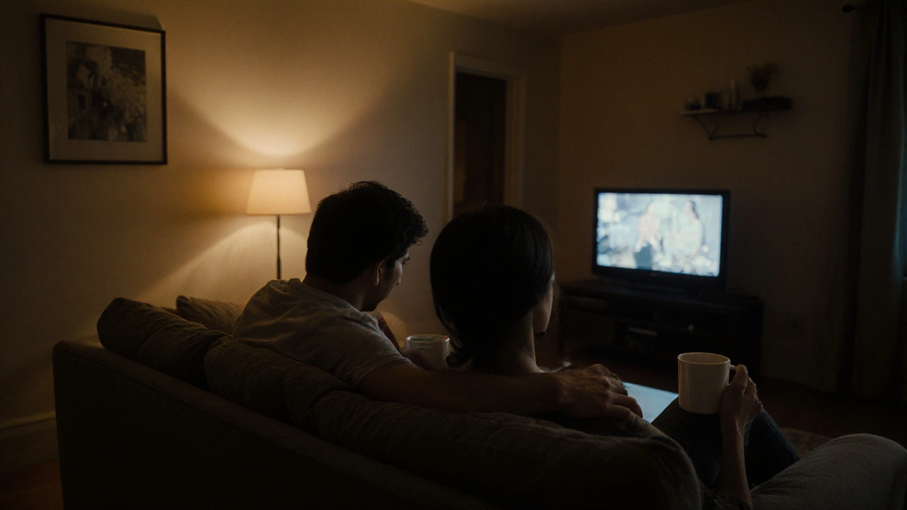 A couple sitting quietly together on a sofa on a Sunday evening, sharing a peaceful moment.
