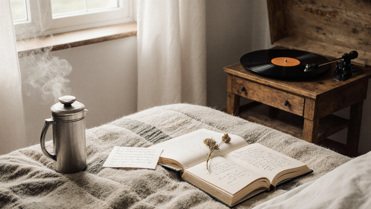 A cozy bedroom with a handwritten note, thermos, and dried flower beside an open book.
