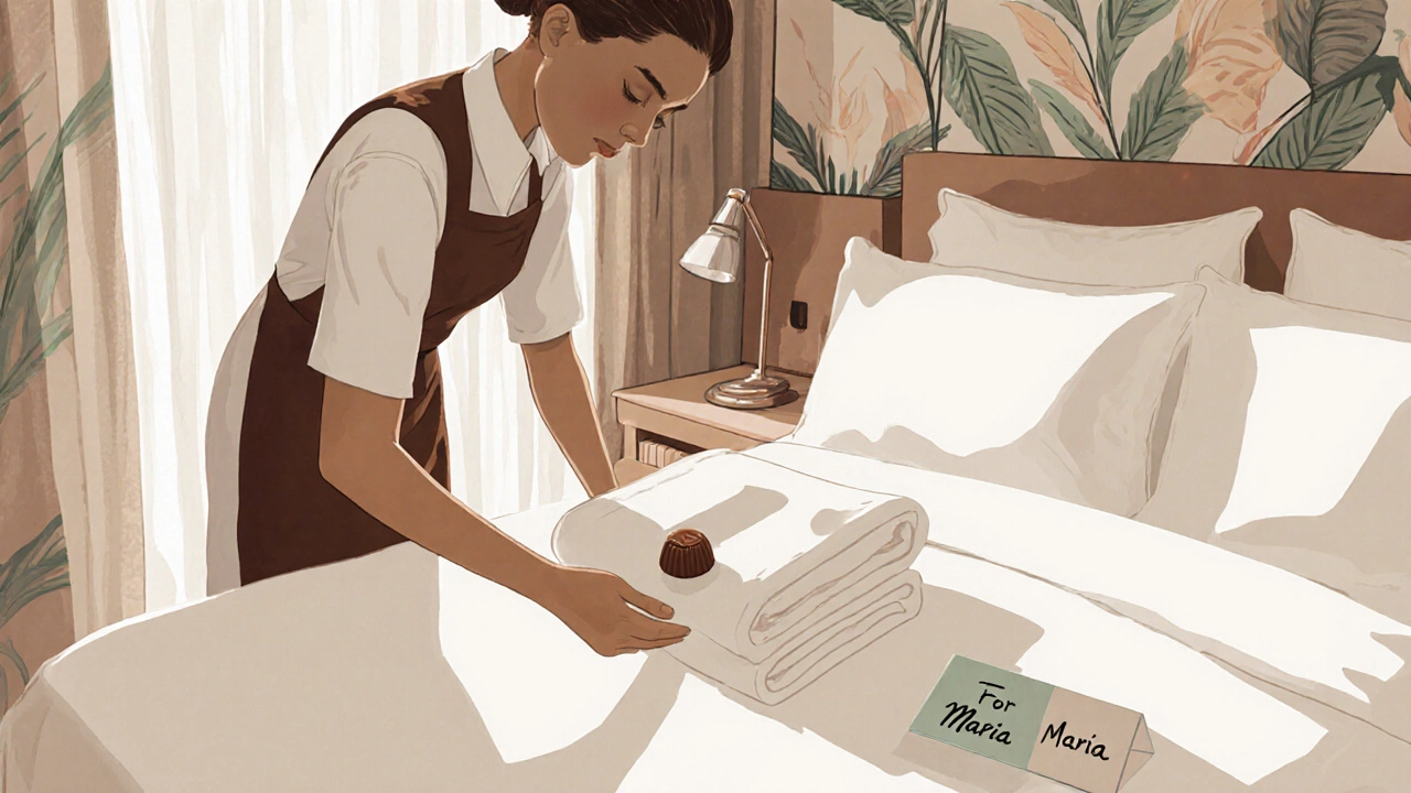 A housekeeper leaving a tip envelope and chocolate on a resort room pillow.