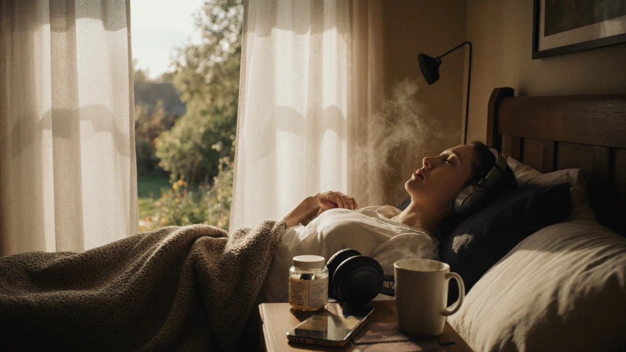 A person resting in a cozy bedroom with medication, journal, and headphones on the nightstand.