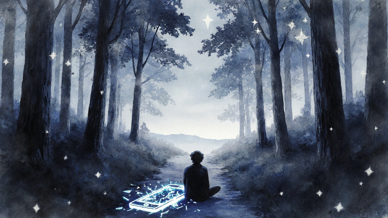 A person sits in a forest at dawn, shattered phone icons lying on the trail beside them.