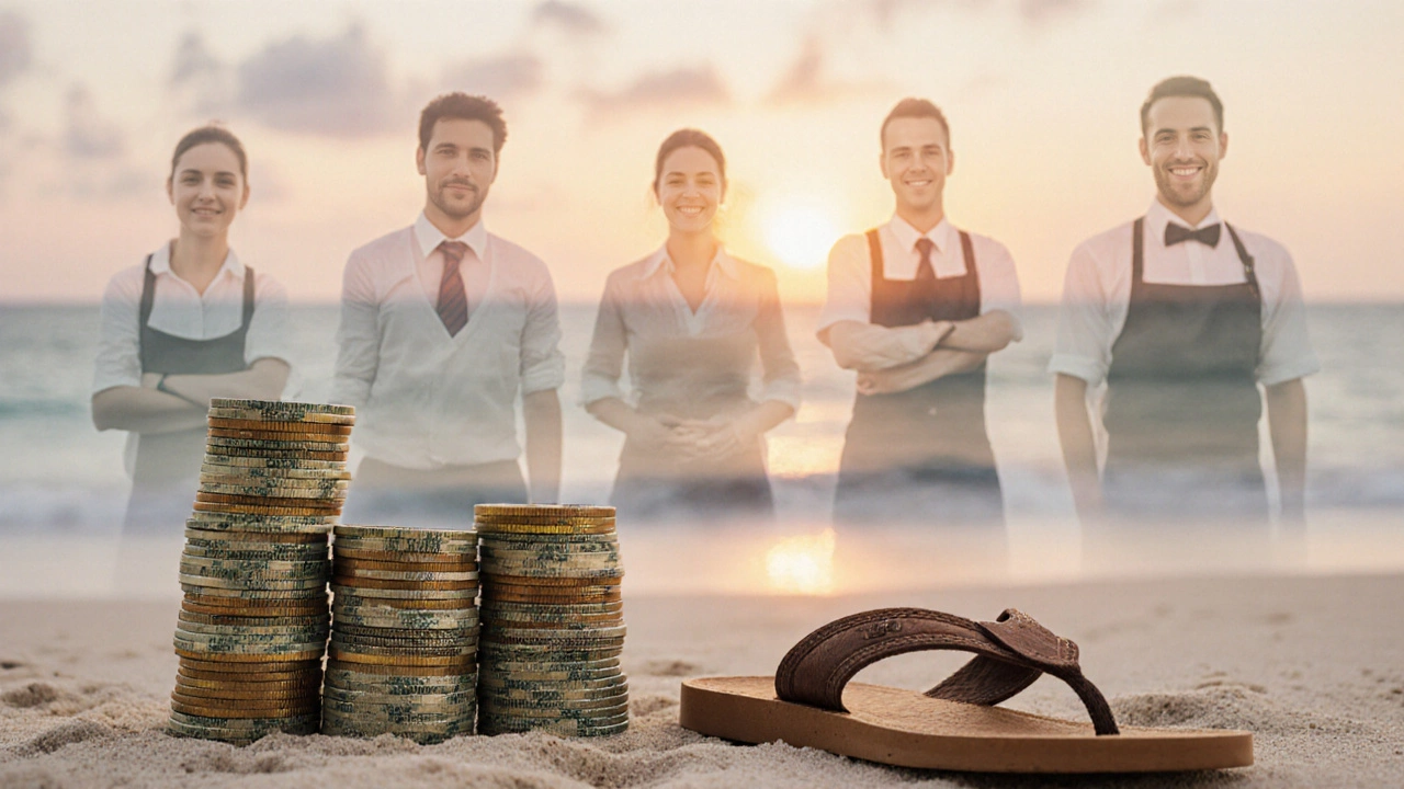 Cash tips beside a sandal on the sand, with faint silhouettes of service staff in the background.