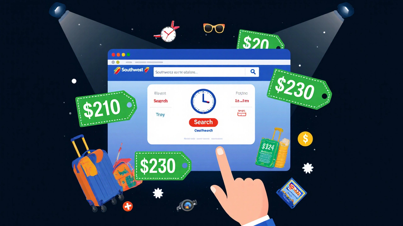 Clock at 10 a.m. with floating discounted fares and hand clicking search button.