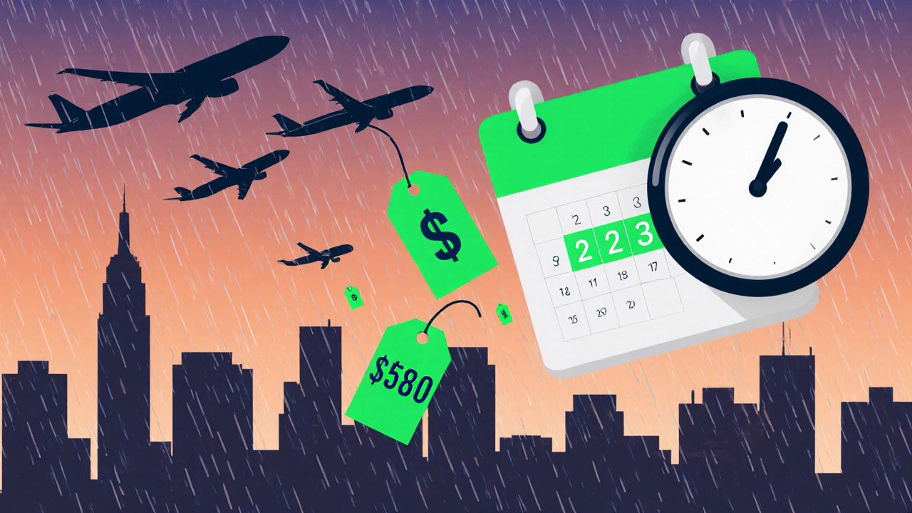 Digital calendar with green-highlighted Tuesdays and Wednesdays, price tags falling from airplanes over a city skyline at dawn.