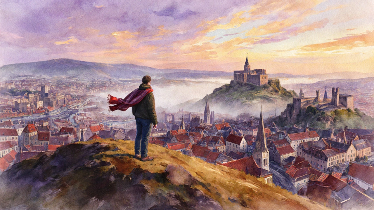 Solo hiker atop Edinburgh&#039;s Arthur&#039;s Seat at sunset, overlooking the city with castle ruins in the distance.