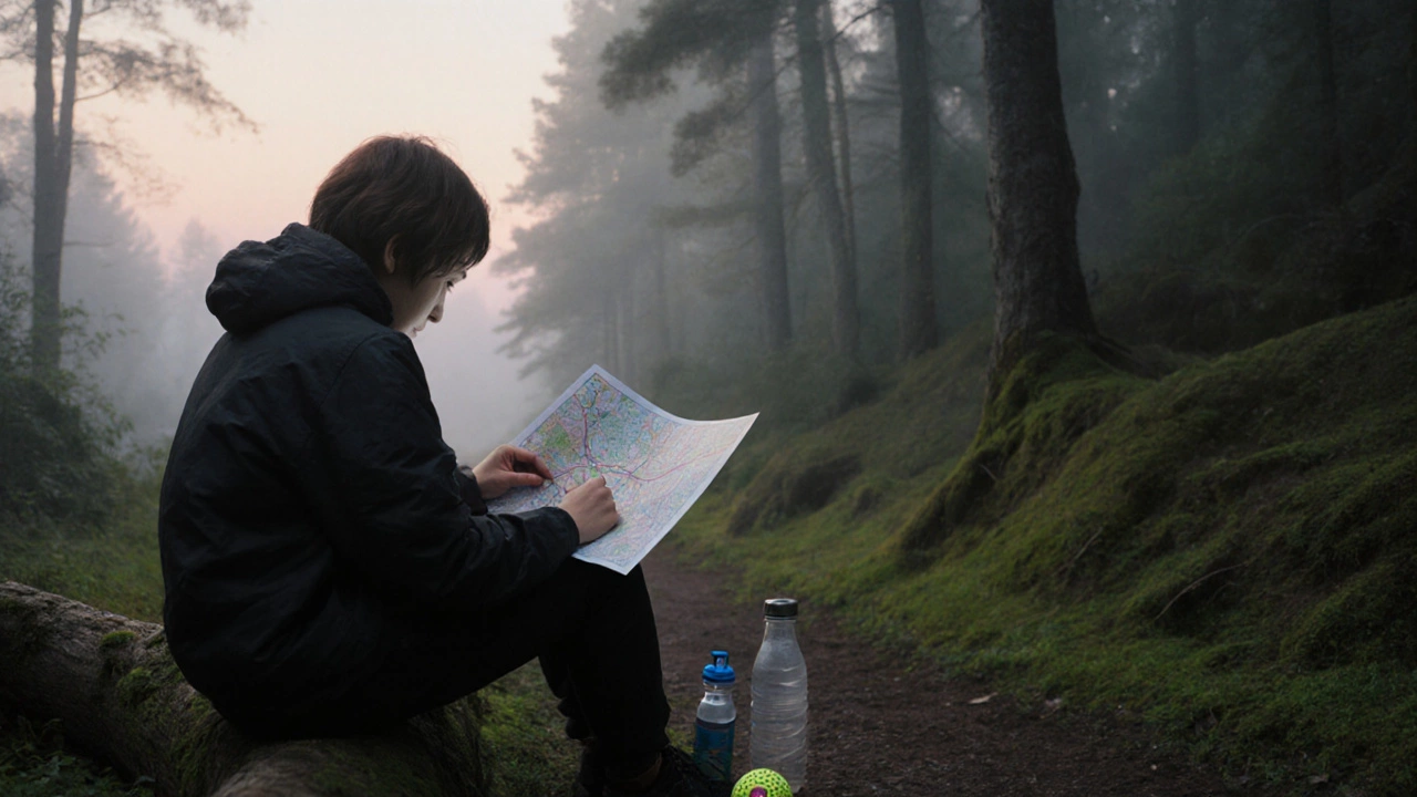 Someone gently tracing a printed map on a forest trail at dusk, surrounded by soft fog.
