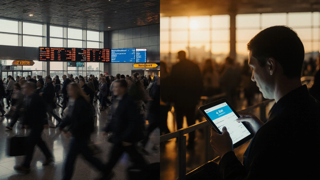 Split-screen: busy Sunday airport vs. quiet Tuesday airport at dawn, showing contrasting flight prices and traveler moods.